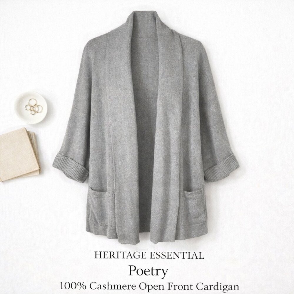 Poetry 100% Cashmere Open Front Cardigan Sweater Gray Knit Pocket Cocoon Wrap L